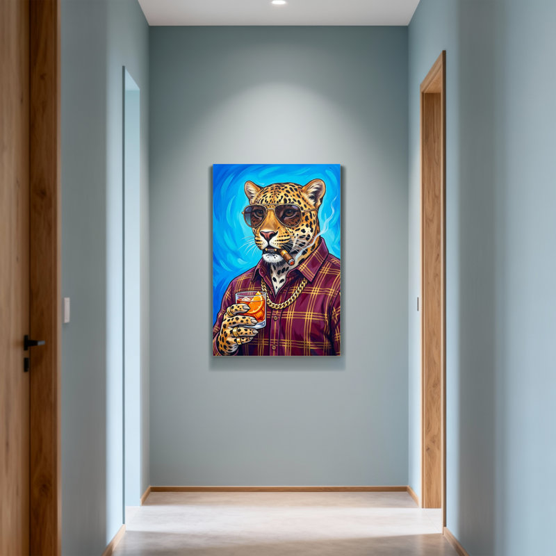 Animaux léopard portant des lunettes de soleil tenant une boisson et un cigare, H 30 po x l 20 po