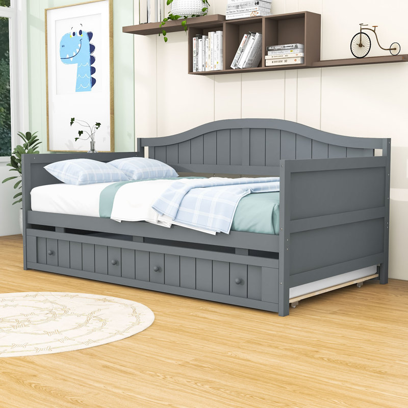 Twin Size Wooden Daybed with Trundle, Gray