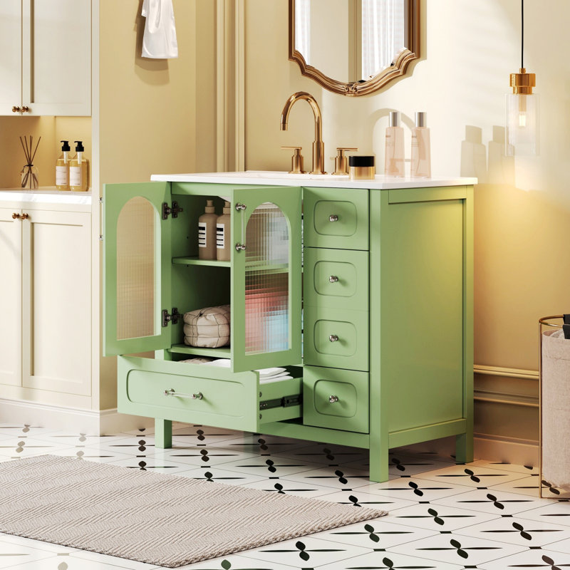 Meuble-lavabo avec quatre tiroirs et deux portes à fermeture en douceur, rangement pour salle de bain avec portes en verre