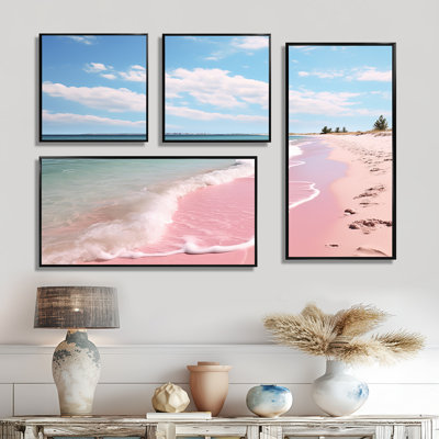 «Pink Minimalisme Beach Landscape I - Large Coastal Beach», 4 panneaux