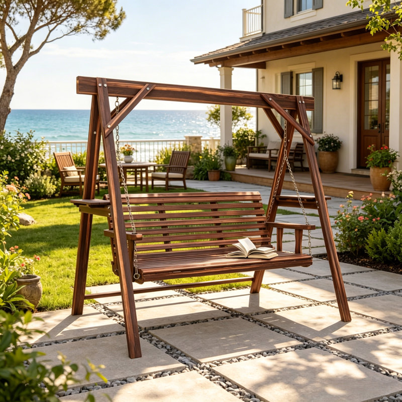 Balancelle de véranda en bois de sapin à 3 places avec tables d'appoint, banc de jardin d'extérieur réglable pour piscine, capacité de poids de 726 lb
