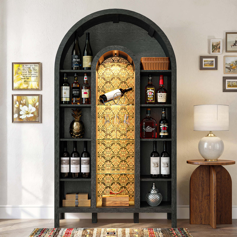 Grande vitrine arquée de 70,4 po, armoire de bar avec éclairage à DEL, bibliothèque avec armoire de rangement et tablettes réglables
