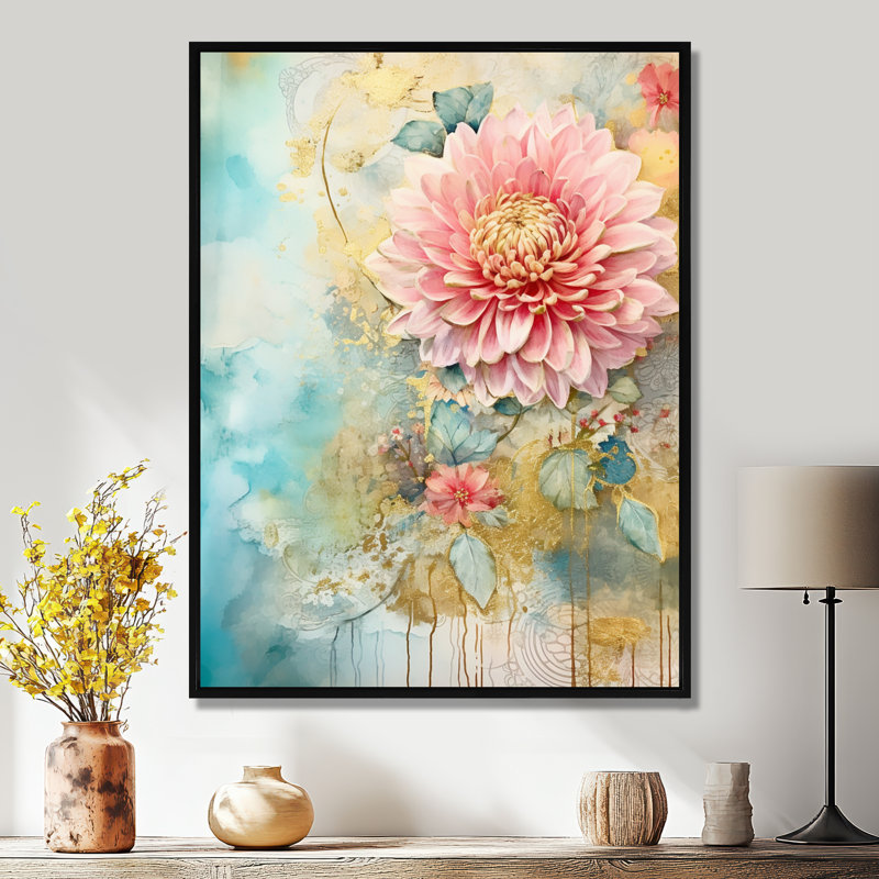 Dahlia rose, rétro, bleu, illustration - impression d'art mural Dahlia, Toile avec cadre flottant noir