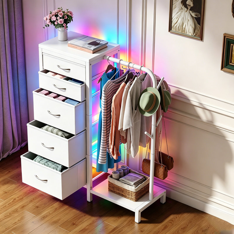 40cm W 5 - Drawer Chest of Drawers,Dresser with Hanging Rack,Extra Large Capacity Drawers with Huge Storage Space, Reversible Dresser for Bedroom with 5 Fabric Drawers & 2 Coat Racks & without Charging Station and LED Lights