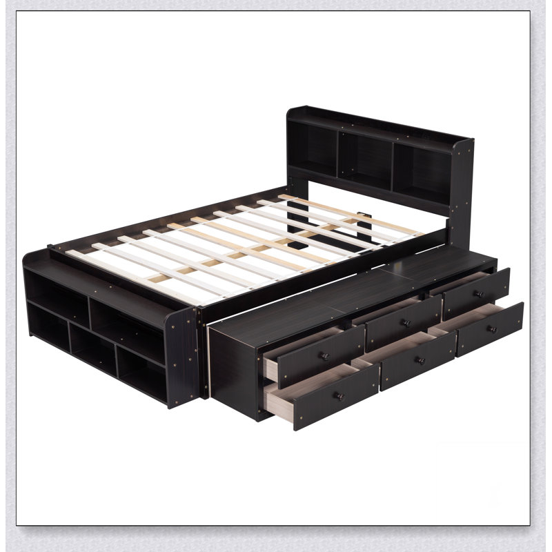 Bed With Side Bookcase, Drawers, Espresso