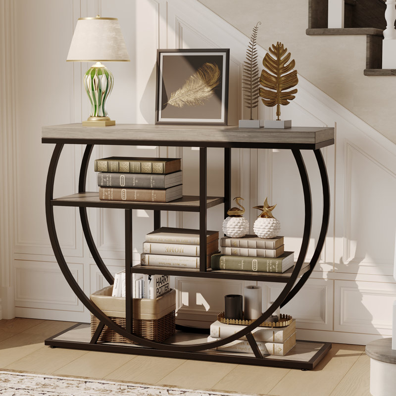 Industrial 4-Tier Console Table for Living Room – Narrow Entryway Sofa Table with Storage Shelves, Metal Geometric Frame, Rustic Wood Accent, Adjustable Feet, Versatile Furniture, Grey