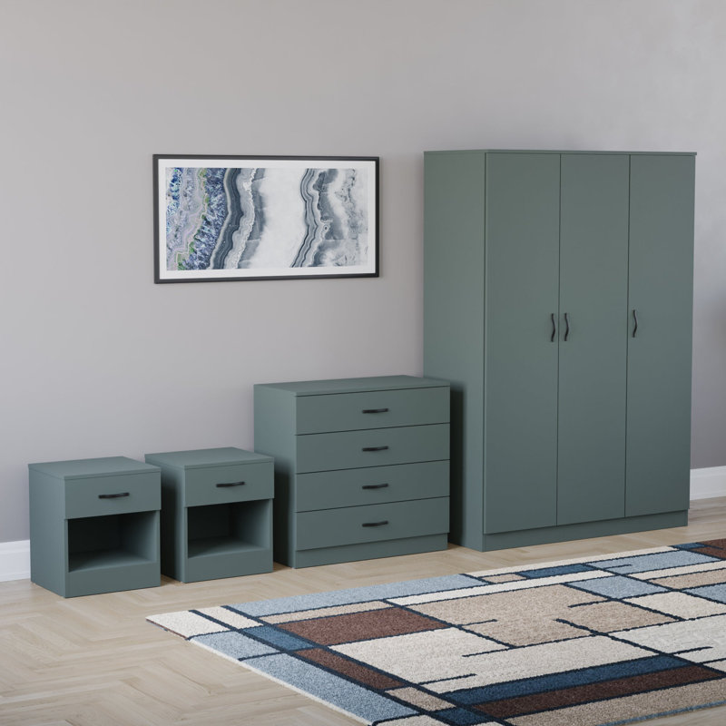 Tayce 4 Piece Bedroom Set (1 Drawer Bedside Chest X2, 4 Drawer Chest, 3 Door Wardrobe), Green