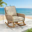 Chaise berçante d'extérieur beige en osier avec coussins, structure en bois massif