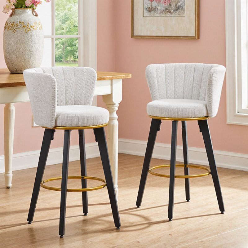 Ensemble de 2 tabourets de comptoir en velours avec pivot et repose-pieds doré, Beige