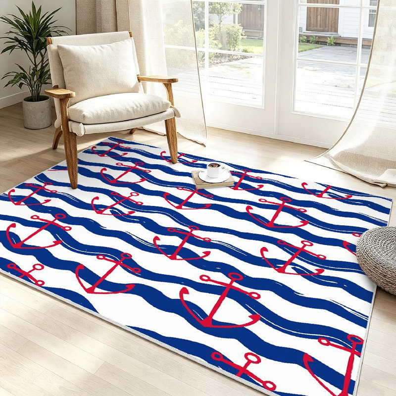 Tapis bleu marine bleu marine lavable à la machine avec ancre rouge, Rectangle 39 po x 63 po