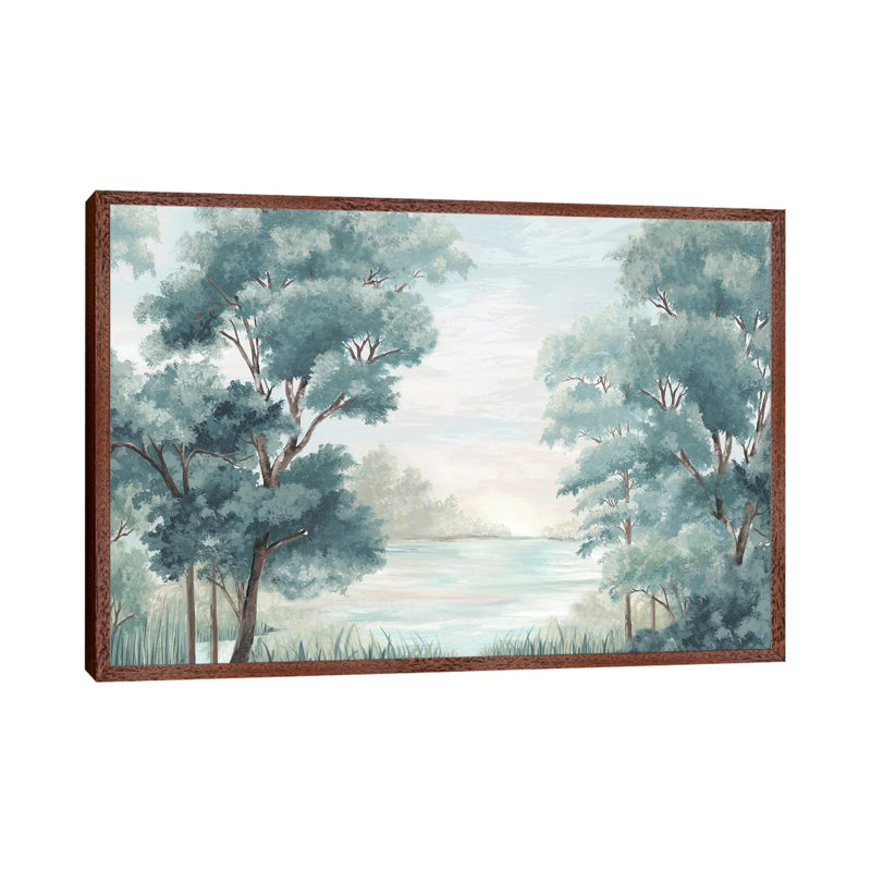 Calm Forest River by Eva Watts - Painting on Canvas, 101.6cm H x 152.4cm W x 3.81cm D, Classic Brown Wood Framed