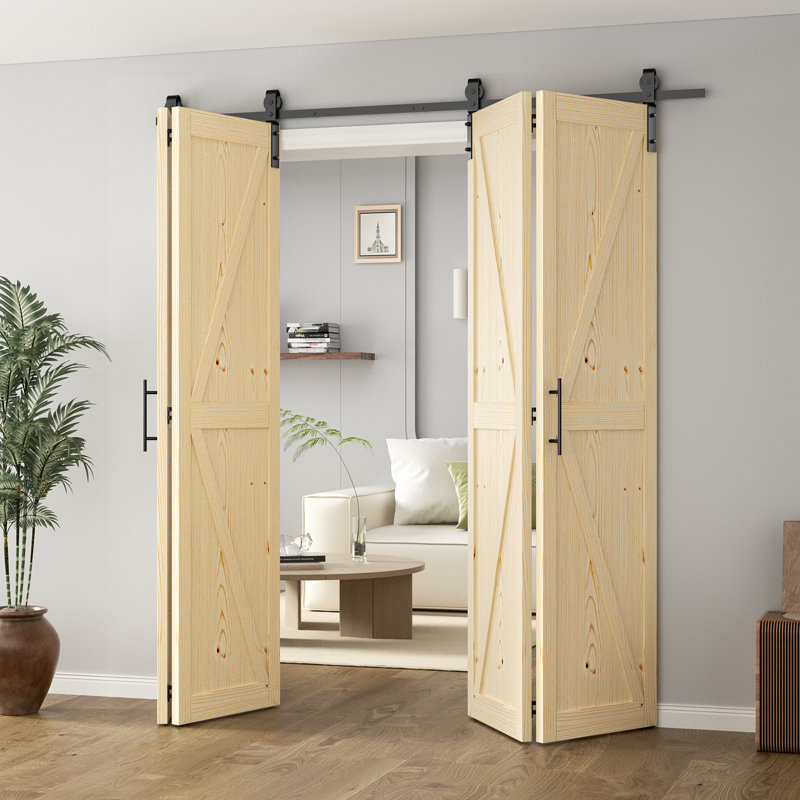 Porte de grange pliante de style K en bois de pin massif 84 po avec quincaillerie, 4, 84 po x 84 po