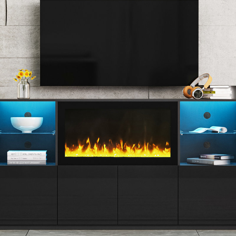 Meuble télé moderne avec foyer électrique de 34,2 po, lumières DEL, tablettes en verre trempé, pour téléviseur de 75 po, style noir