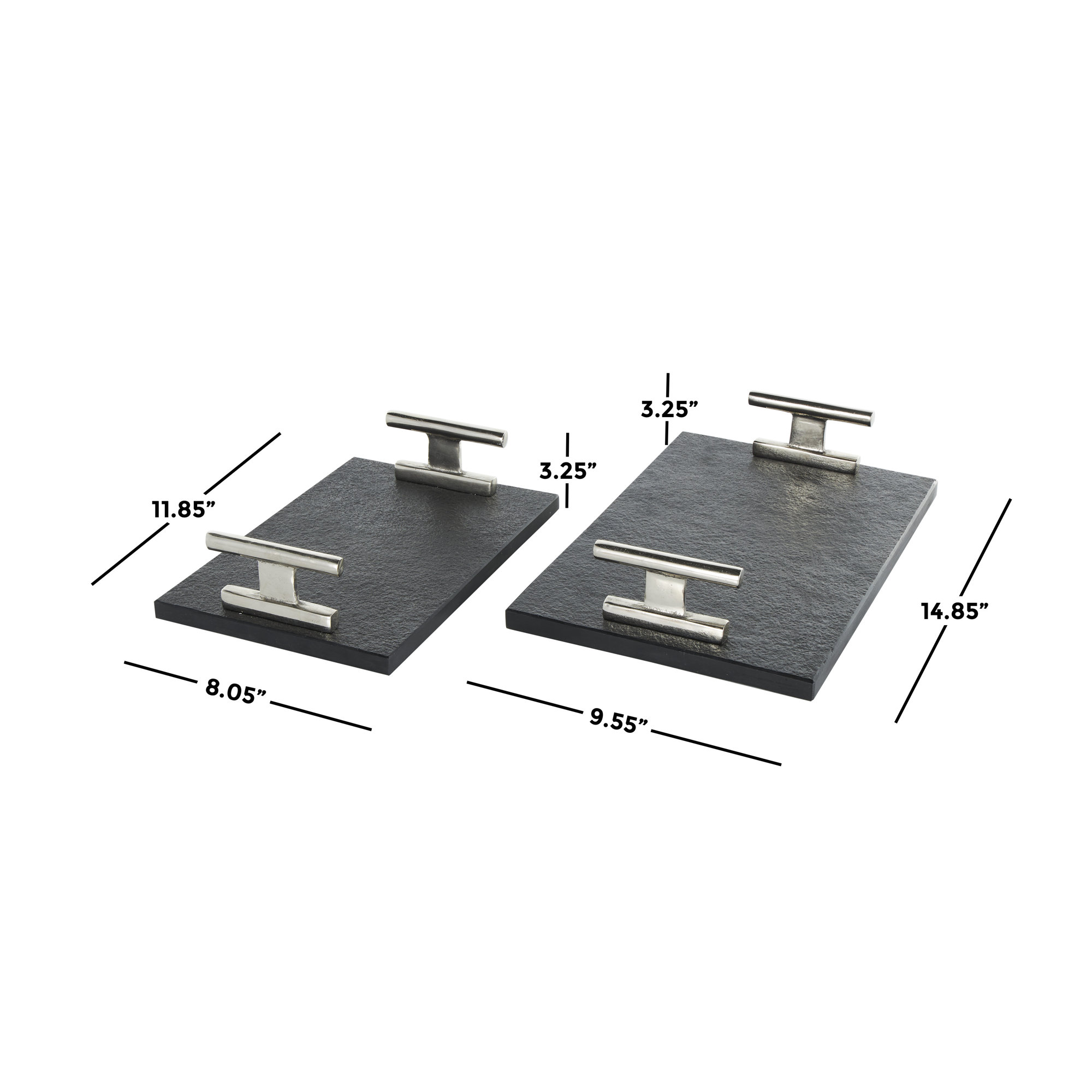 Aedic Mable Tray - Set of 2, Silver/Black, 3.25"Hx9.55"Wx14.85"D & 3.25"Hx8.05"Wx11.85"D