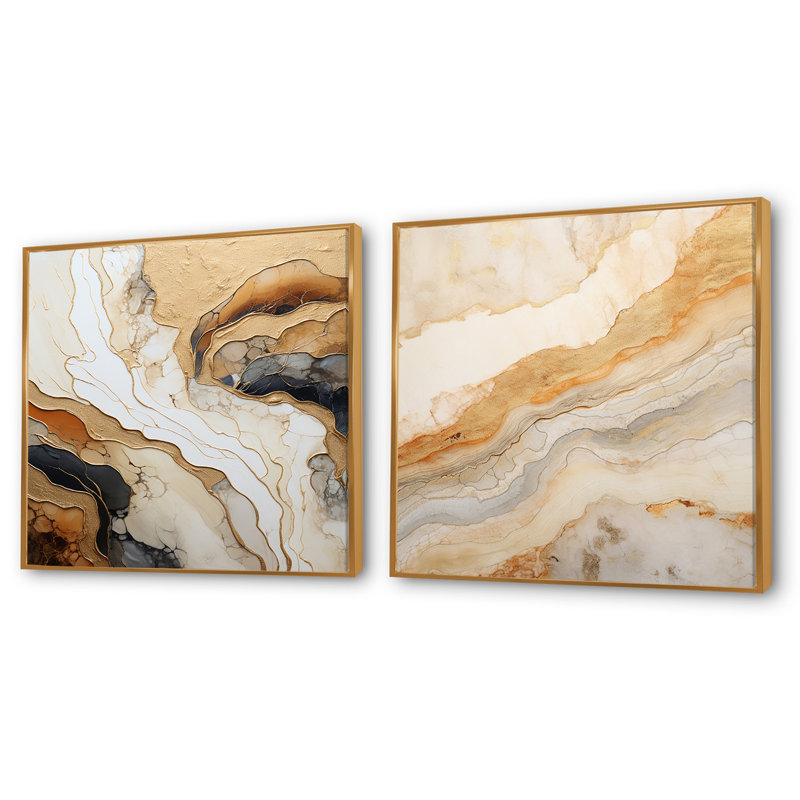 Or et blanc Marble River - ensemble de 2 collages carrés abstraits en marbre, Cadre flottant doré, H 30 po x l 61 po