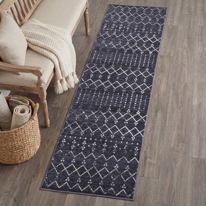 Leila Moroccan Diamond Trellis Machine-Washable Rug, Dark Gray/Ivory, Runner 2' x 8'
