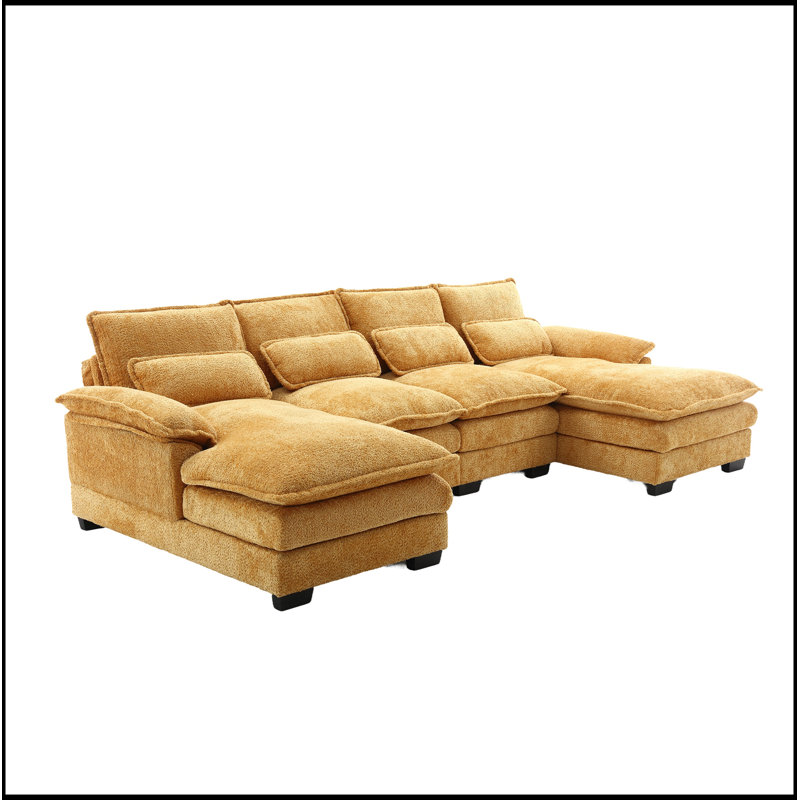 Grand canapé modulaire moderne en U en chenille, Boucle jaune moutarde