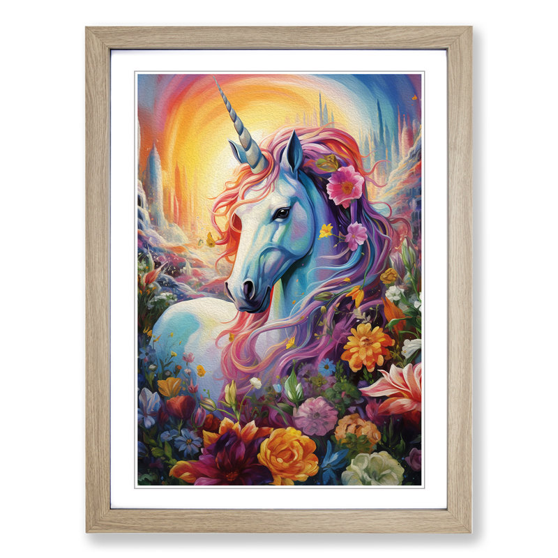 Unicorn Colour Field - Single Picture Frame Print on Wood, Oak Framed, 64cm H x 46cm W