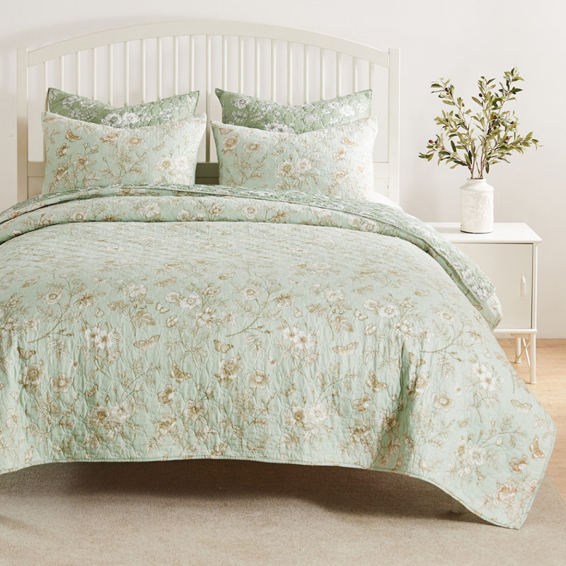 Greenland Home Fashions Olivia Mint 3-Piece Queen Size Quilt Set 90x90 + 20x26 (2), Queen Quilt + 2 Standard Shams