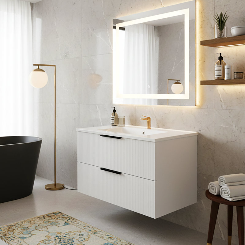 Aqualuxe Modern Wall-Mounted Floating Vanity with Ceramic Sink, 30", Matte White