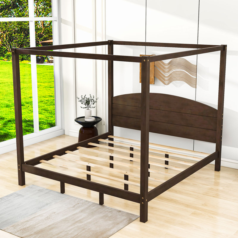 Haleah King Size Wood Canopy Bed with Headboard, Brown Wash