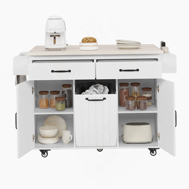 Îlot de cuisine l 43 po avec compartiment à poubelle et abattant, Blanc