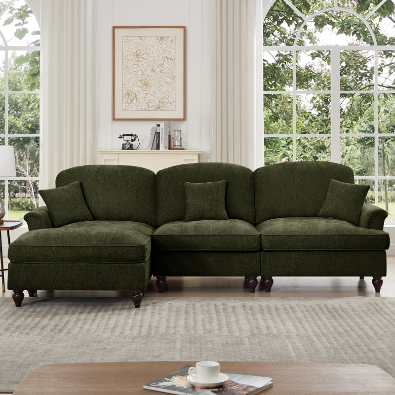 Canapé modulaire en forme de L à trois places Mid-Century avec accoudoirs évasés et volants amovibles, avec jupes plissées et pieds fuselés, canapé à 3 places en chenille confortable avec repose-pieds mobile, vert