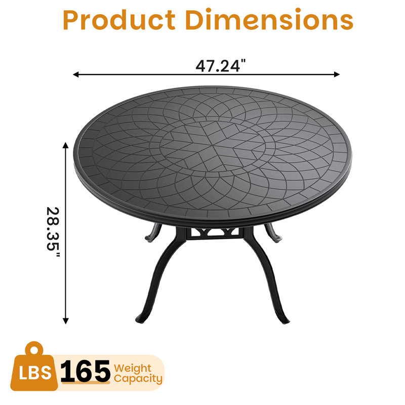 Rabinowitz 47.24-Inch Cast Aluminum Patio Dining Table – Classic Round Design in Black for Garden or Balcony