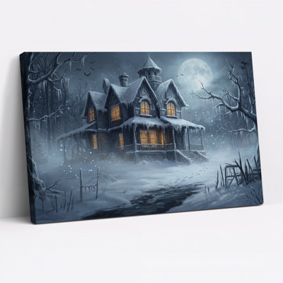 Maison victorienne enneigée avec glaçons et toile d'Halloween