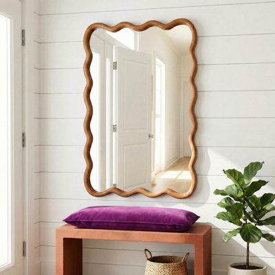 Miroir mural 20 po x 30 po avec cadre en bois naturel et verre trempé, miroir mural pour salle de bain