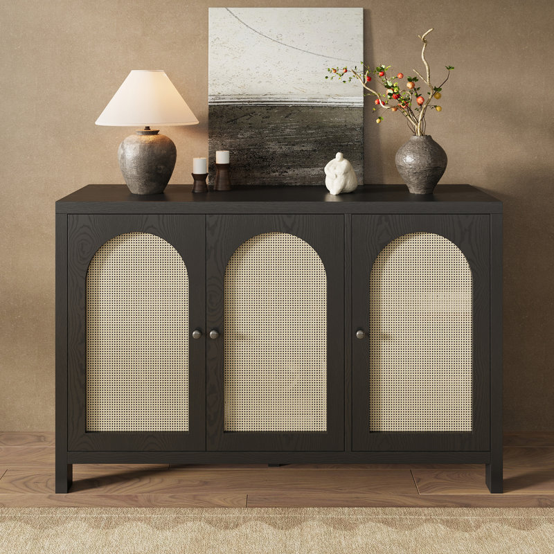 50" L Boho Natural Rattan Sideboard Buffet Cabinet With Large Storage, Home Kitchen Oak Wood Veneer 3-Door Credenza Coffee Bar Cabinets With Adjustable Shelves