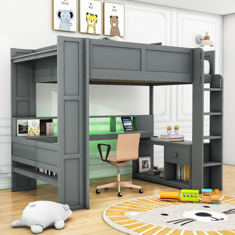 Lit mezzanine en bois avec bureau, tablettes multiples, DEL et station de charge, Complète