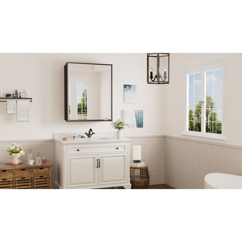 Cyrille Recessed & Surface Framed Medicine Cabinet with Mirror and Shelves, 30" H x 24" W x 5.2" D, Oil Rubbed Bronze