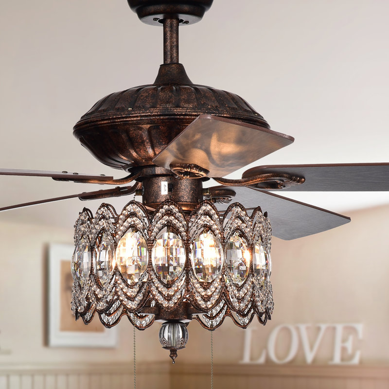 Ventilateur de plafond à 5 pales de 52 po en cristal avec télécommande et ensemble d'éclairage inclus Rolfe