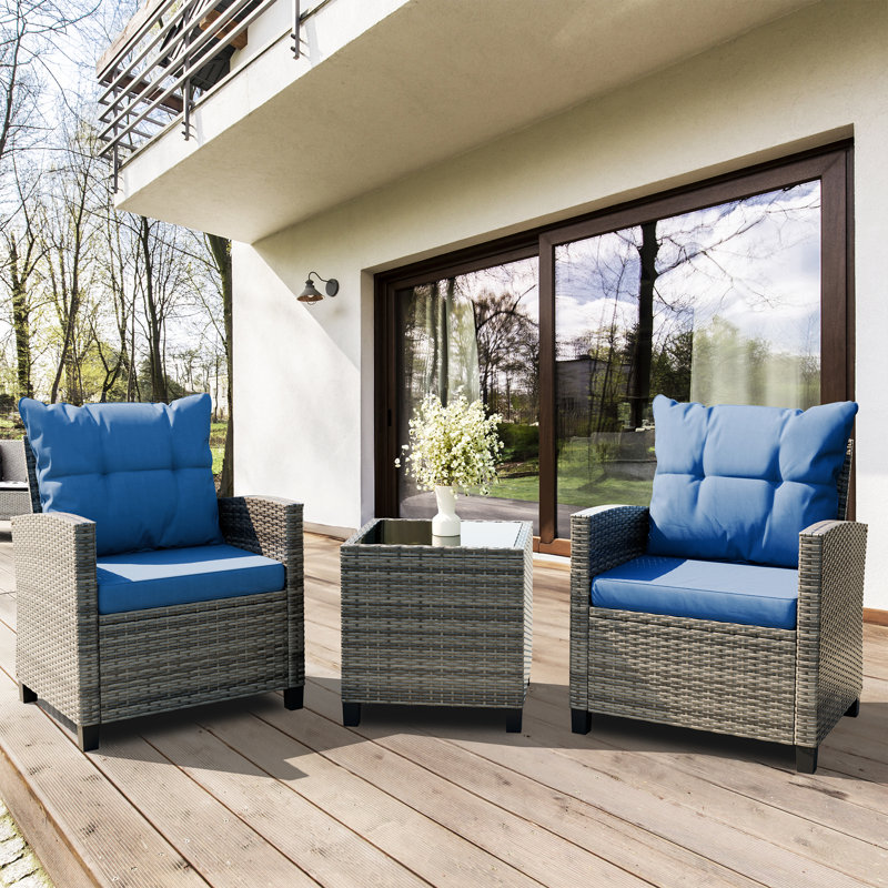 Arlayne 2-Person Outdoor Patio Seating Group with Cushions, Blue/Gray