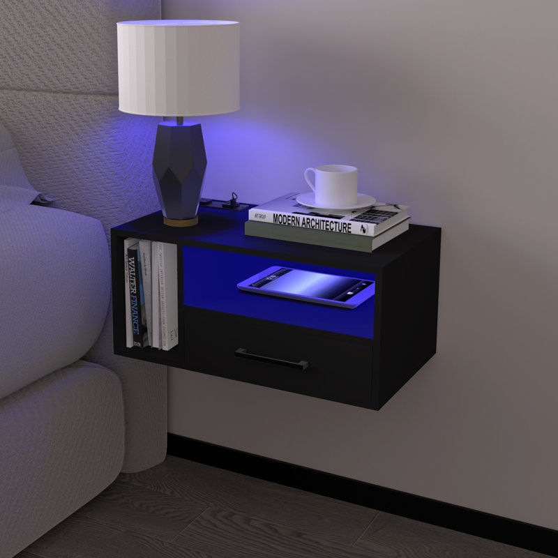 Jorid 21.3''W Wall Mounted Floating Nightstand with RGB Light, Black