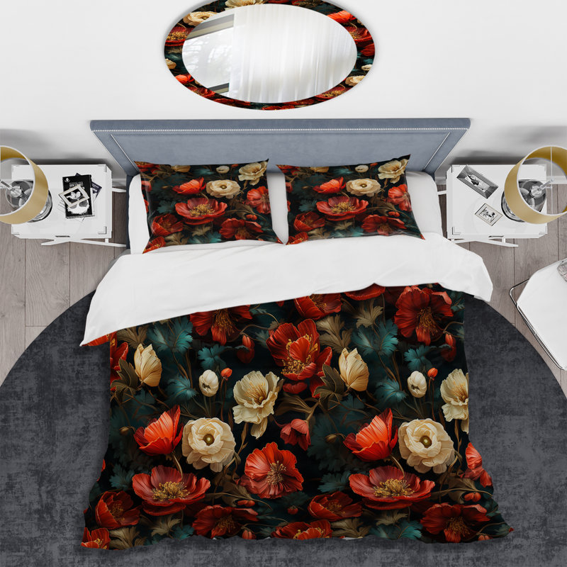 Ensemble de housse de couette rouge foncé et beige à motif floral Blooms II, Housse de couette pour très grand lit et 2 très