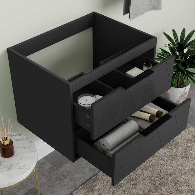 24" Wall Mount Single Bathroom Vanity Base Only, 2 Soft-close Drawers, Zinc Alloy Hardware, Black