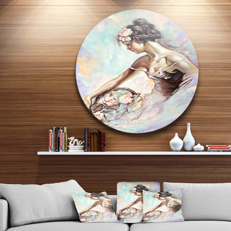 «Girl with Flower Bouquet», peinture, H 46 po x l 36 po x P 1,5 po, Bois