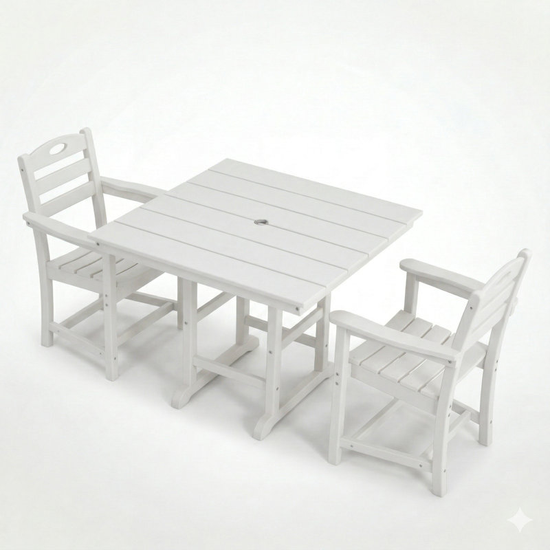 Ensemble de salle à manger d'extérieur blanc Hdpe 3 pièces avec table carrée et 2 fauteuils