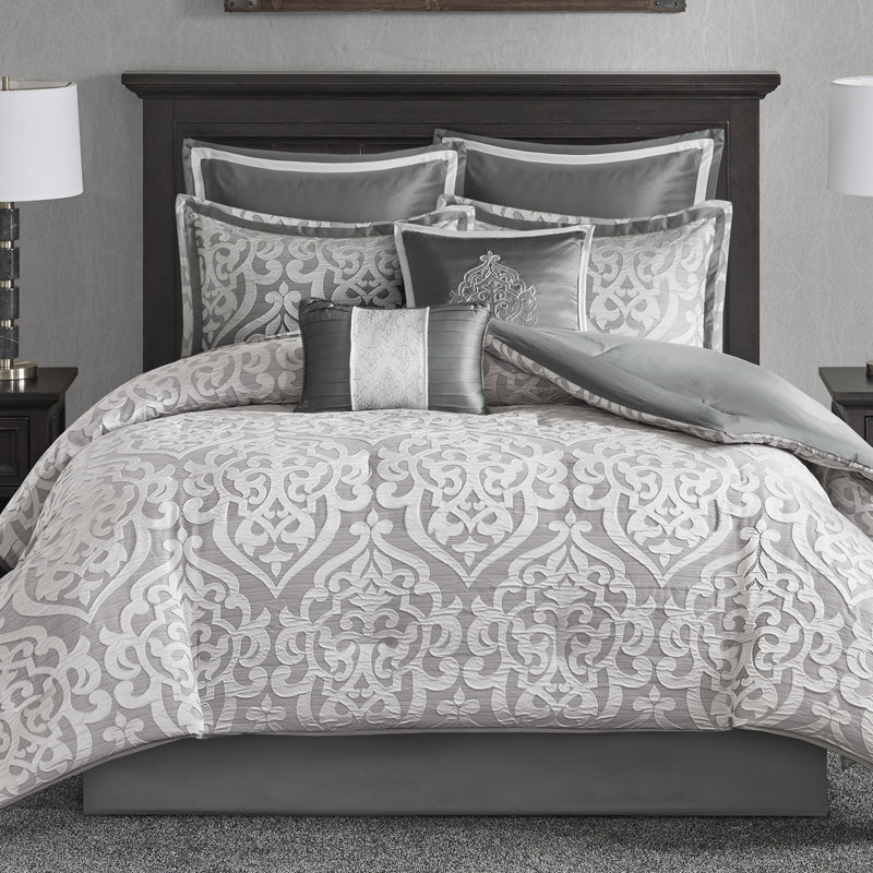 Odette Luxury 8 Piece Jacquard Comforter Set, California King Comforter + 7 Additional Pieces, Silver