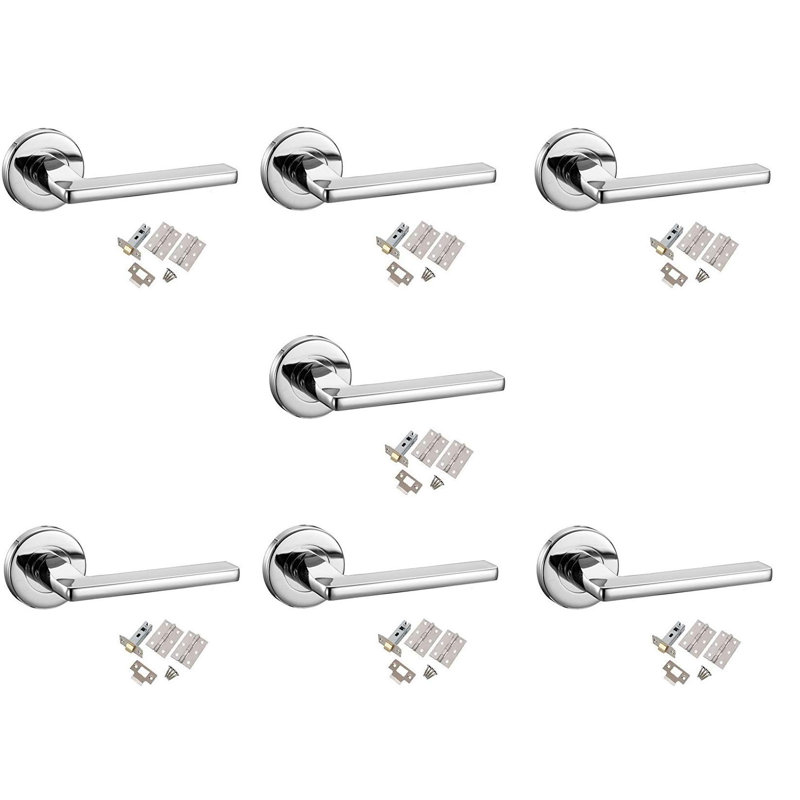 Golden Grace 7 Sets Leon Design Lever Door Handles on Round Rose in Polished Chrome Finish with Pair of 3" Hinges & 2.5" Tubular Latch