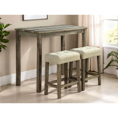 Ensemble de salle à manger 3 pièces beige et brun - Table en bois d'hévéa, 2 tabourets avec coussins d'assise, tabourets de salon, siège, +
