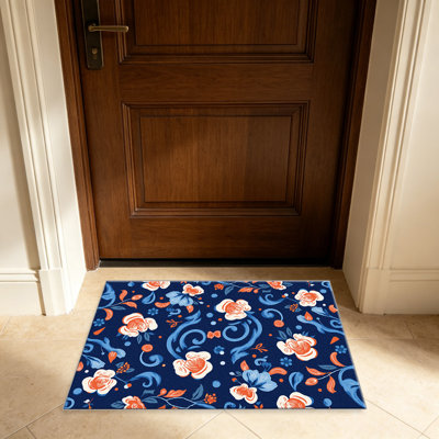 Tapis bleu marine à motif floral orange pour le salon, doux et confortable, convient à toutes les saisons, facile à entretenir, tapis de sol intérieur lavable à la machine, sous la table de ferme convenant à la chambre à coucher, à la salle à manger, au bureau, au patio, au balcon, à la décoration intérieure
