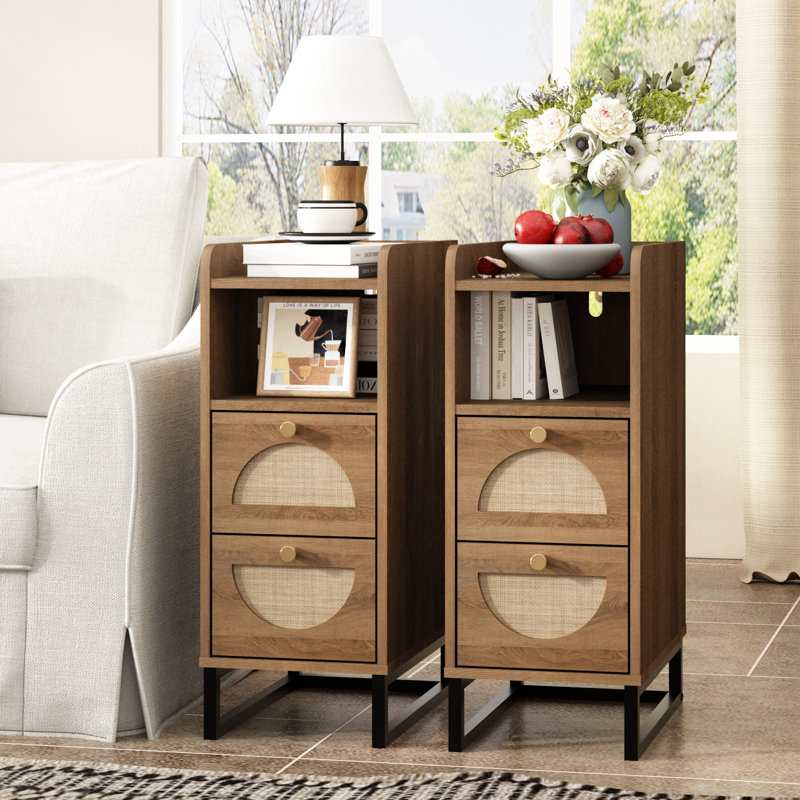 Narrow Side Table with Arched Rattan Drawers (Set of 2) Small End Table with Metal Legs Nightstand, Natural