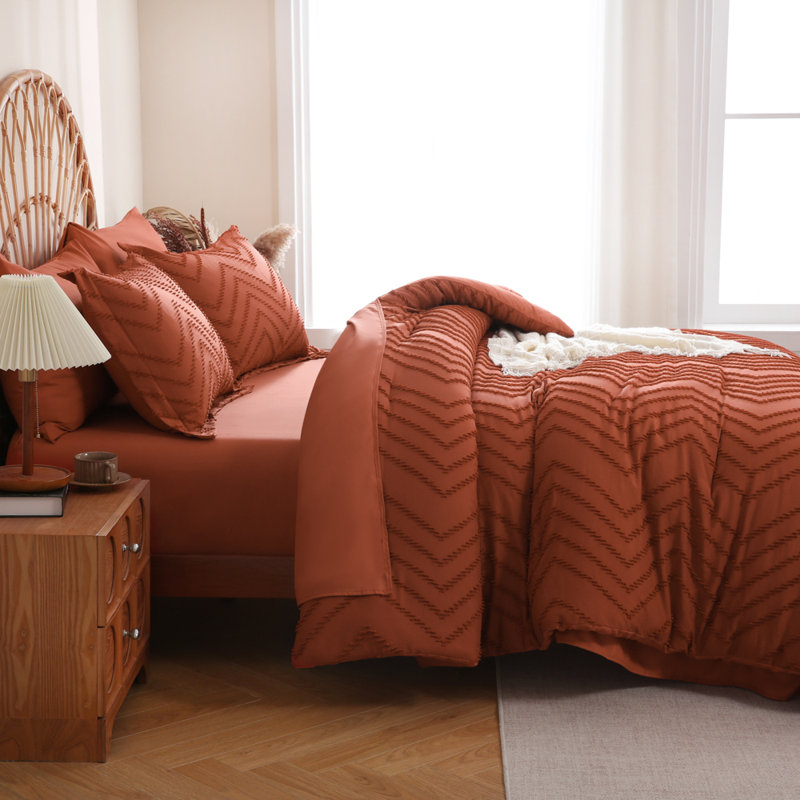 Ensemble d'édredon pour lit double drap et feuilles Orange brûlé - Ensemble de literie pour lit double dans un sac capitonné à chevrons 7 pièces avec édredon, draps, taies d'oreiller et taies décoratives