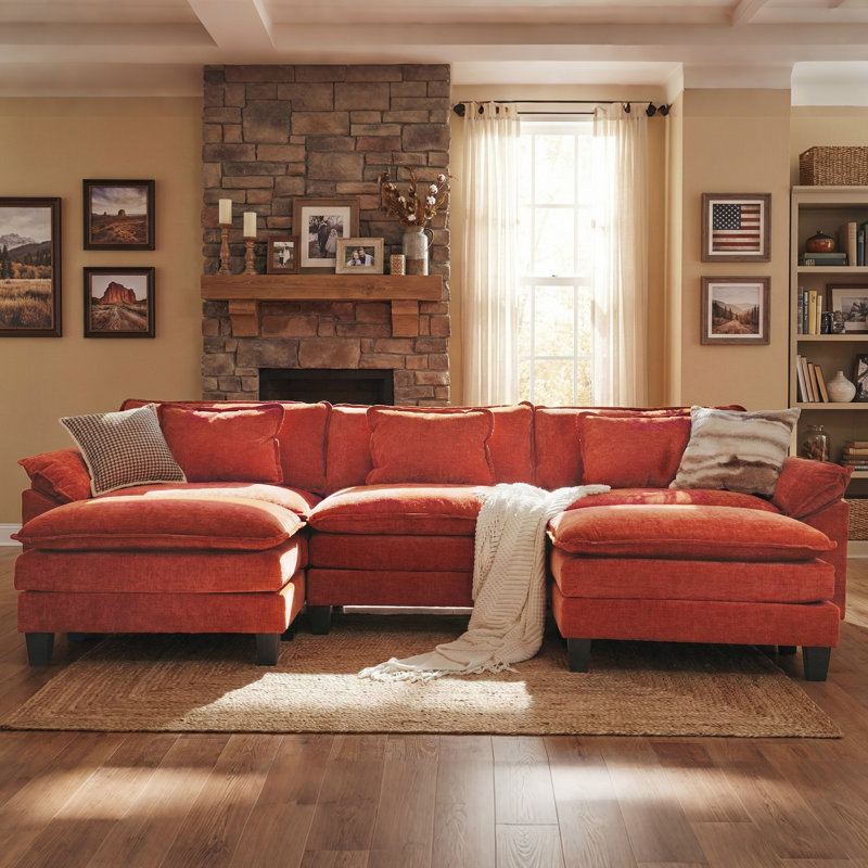 120" W U-Shaped Modular Sectional Sofa, Cloud Couch With Two Ottomans & Removable Cushions, Orange Cotton