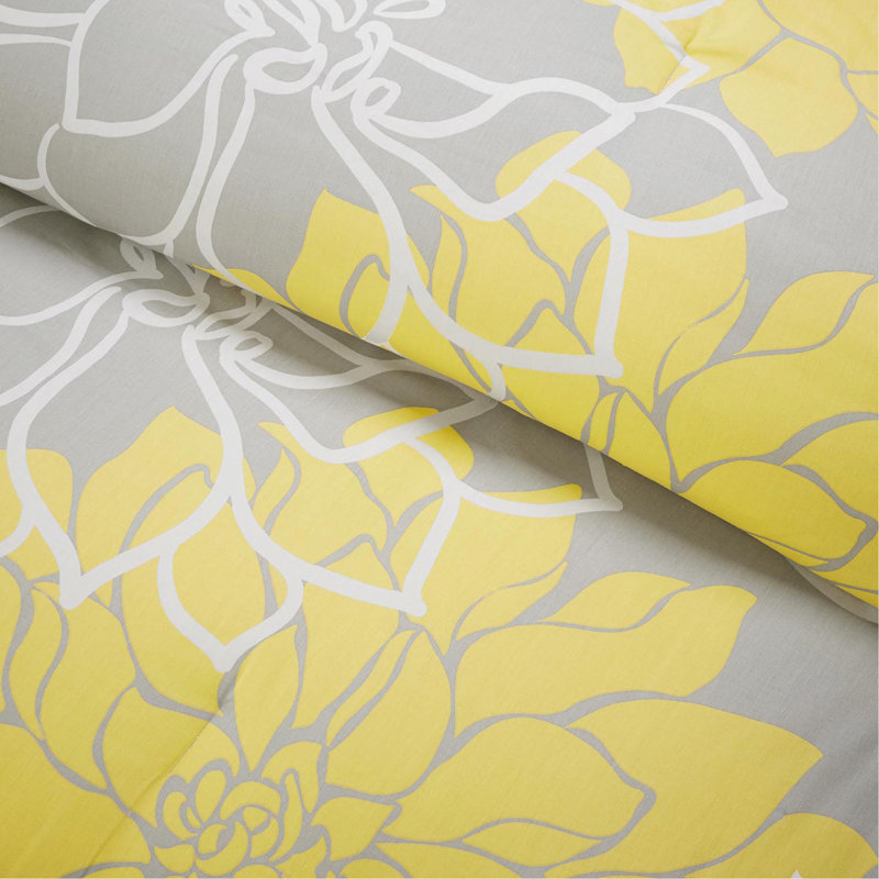 Printed Cotton Sateen Comforter Set Taupe Grey/Yellow Queen, Yellow, Queen Comforter + 6 Additional Pieces 