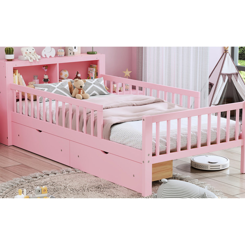 Lit simple taille rose avec coffre-fort et compartiments de rangement, Rose