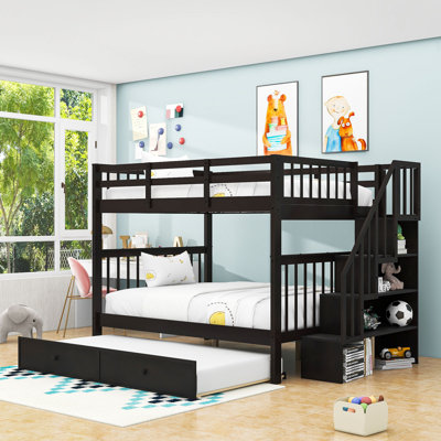 Full Over Full Wooden Bunk Bed With Twin Trundle And Staircase Storage